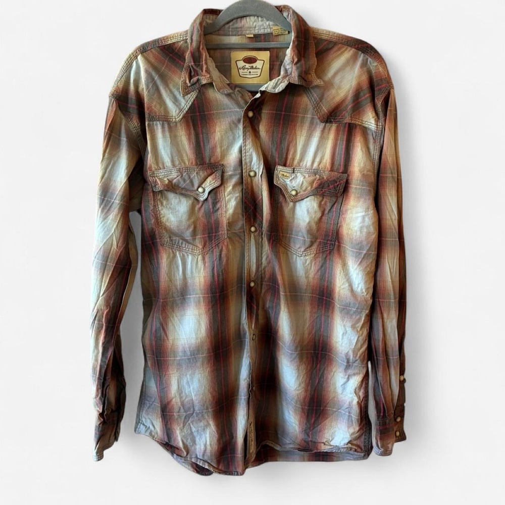 Larry Mahan Cowboy Collection long sleeve Western pearl‎ snap Maroon tan Sz Lg